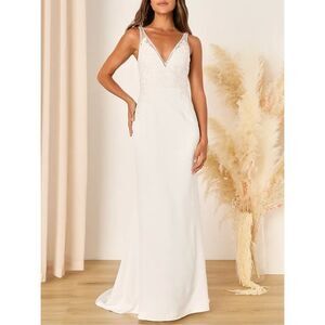 NWT Lulus Precious Promise White Satin Embroidered Lace Mermaid Maxi Dress XL